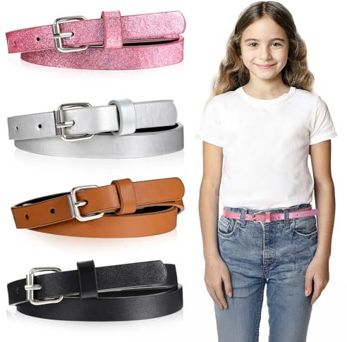 LLOUSSAK 4 Stück Kinder Spaghetti Gürtel, Leder Gürtel für Mädchen Jungen Verstellbarer Glitter Spaghetti Gürtel mit Legierungs Dornschnalle für Kleid Jeans Hosen Uniformen