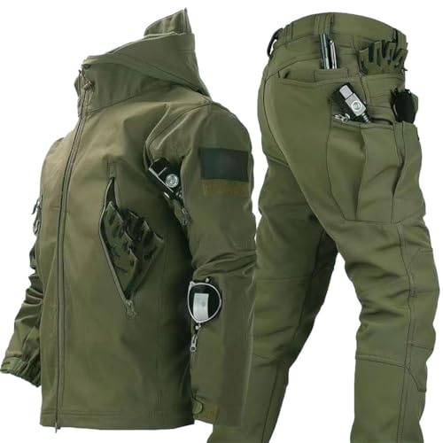 RVUEM Army Green,XL, 2 Pezzi Tute da Snowboard Giacca Softshell da Uomo Tuta Combattimento Abbigliamento Militare Tuta Sci Outdoor Set Giacca E Pantaloni Tattici per Sport all'Aria Aperta