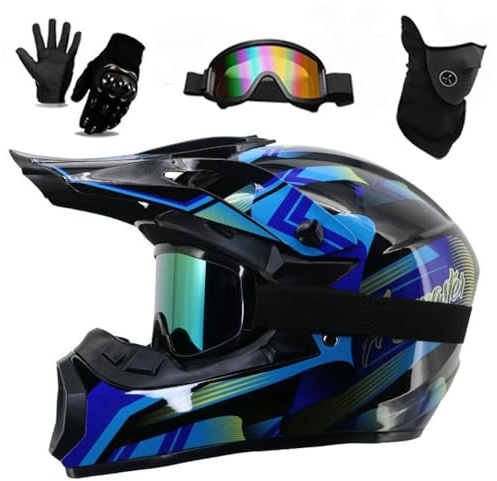 Casco Integrale da Moto Per Bambini E Adulti, Per Moto da Cross Elettrica, Quad, BMX, MTB, Fuoristrada, con Occhiali, Guanti E Maschera, Omologato DOT(226 blue stripes,M(56-57CM))