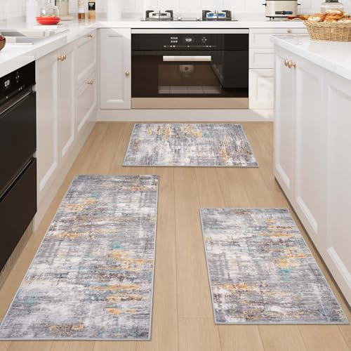 Famibay Juego de 3 tapetes de cocina antideslizantes y lavables, tapete colorido gris moderno abstracto para cocina, lavandería, pasillo, 50 x 120 cm + 50 x 80 cm + 50 x 80 cm