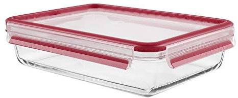 Tefal 3100517988 - Masterseal Fresh Glass - Boîte Verre de Conservation Alimentaire Rectangle - 3L - Verre, Rouge,, 34 x 23.5 x 7, 6 cm