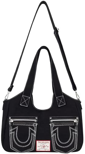 True Religion Damen Satchel Bag Crossbody Geldbörse Handtasche mit Hufeisen Logo Stitching Ranzen, Schwarz
