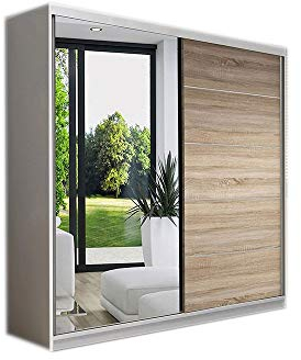 MOEBLO Kleiderschrank Schwebetürenschrank mit Spiegel 2-türig Schrank mit Einlegeböden und Kleiderstange Gaderobe Schiebtüren BxHxT 160x195x61 Eva BIS05 (Weiß + Sonoma)