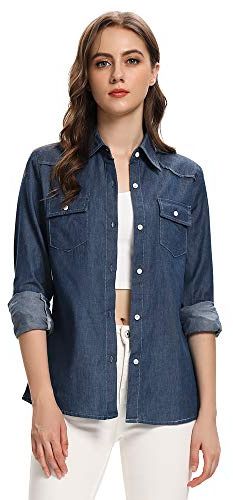 Aeslech Women's Chambray Button Down Shirt Long Sleeve Cotton Blouse Lightweight Denim Tops Blue XS