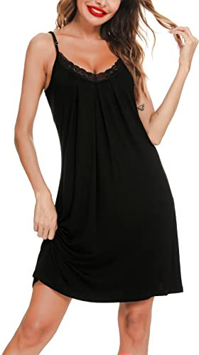 Lovasy Nachthemd Damen Sexy Spaghettiträger Ärmellos Chemise Träger Sommer Nachtkleid Spitze Babydoll Damen Negligee,Schwarz,XL