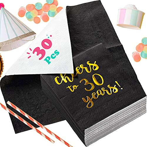 Servietten Geburtstag 30, 30 Stück Schwarz Goldfolien Cheers to 30 Years Papierservietten Cocktailservietten, Party Serviette Papier 3-lagig für Kinder Erwachsene Geburtstag Tischdeko - 25,4 x 25,4 cm