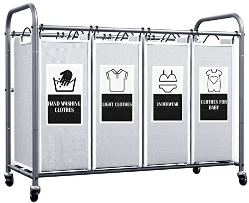 C&AHOME Carrito clasificador de ropa sucia de 4 bolsas, organizador de cesta de lavandería rodante, organizador de cesta de lavandería, bolsas extraíbles con 6 tarjetas de clasificación y rueda