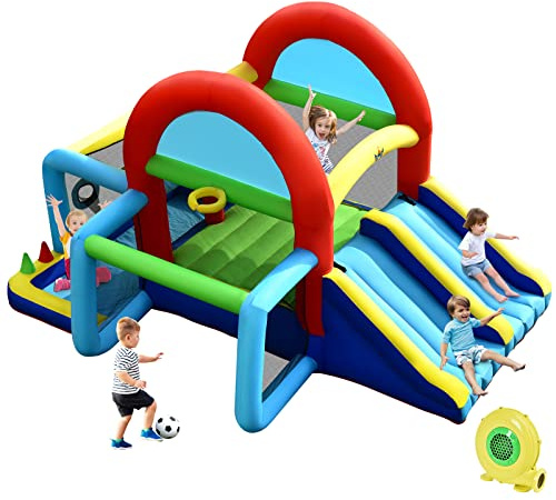 COSTWAY Casa Inflable, Castillo Inflable con Doble Tobogán, Área de Salto, Pared para Escalar, Piscina con Pelotas, Puerta de Fútbol, Aro de Baloncesto, Juego Blando y Tiro de Anillos (con compresor)