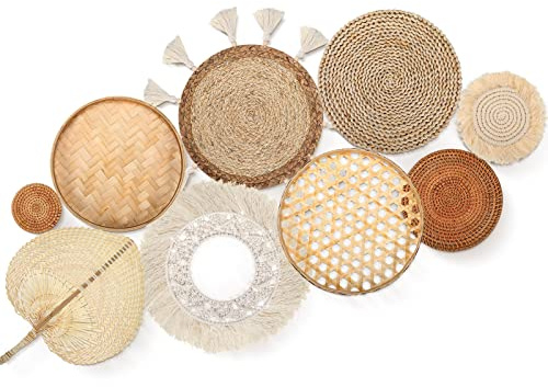 Set of 9 Wall Basket Decor Boho Wall Hanging Decor Rattan Wall Decor Flat Round Wicker Woven Macrame Tassels Tapestry Bamboo Wall Basket Serving Tray Art Handmade Set for Room Bedroom Living Room