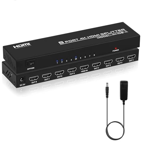 TCNEWCL Répartiteur HDMI 1 entrée 8 Sorties, 1x8 Splitter HDMI 4K Distributeur Audio Vidéo avec Adaptateur Secteur, Supporte 3D, HDCP, Compatibilité avec HDTV, Xbox, PS4, Lecteur Blue-Ray, Projecteur