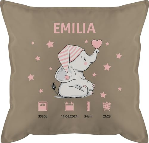 Kissen 50x50 - Elefant Geburtsdaten mit Name personalisiert I Geschenk zur Geburt - 50 x 50 cm - Beige Natur - neugeboren geburtskissen personalisierte Baby kopfkissen Junge Geschenke Neugeborene