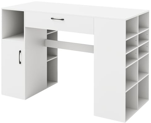 Multigot Sewing Table, 135cm Large Craft Table with 14 Open Compartments, Adjustable Shelf, Drawer & Cabinet, Counter Height Sewing Machine Workstation Drafting Computer Desk for Home Office