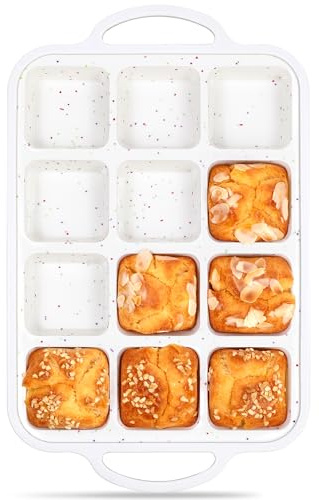AOTASO 1 Pc Brownie Pan with Dividers Silicone Nonstick Mini Individual 12 Cup Square Muffin Cupcake Pans with Metal Frame(Cream)