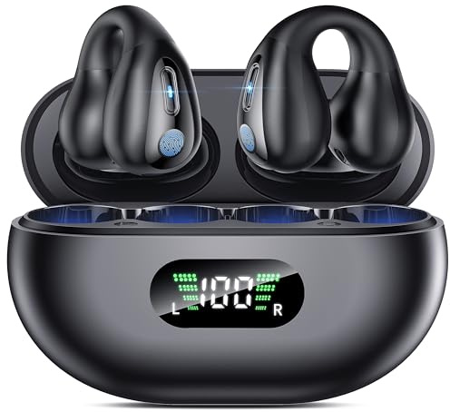 Boytond Cuffie Bluetooth Open Ear,Auricolari Bluetooth 5.3 Impermeabili con 4 Mic, 36 Ore Auricolare Bluetooth a Clip LED Display USB-C,Cuffie Wireless per Sport IP6