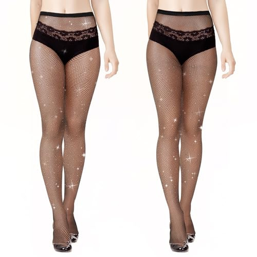 Abeillo 2 par fisknätsstrumpor för kvinnor, strass, stretchiga nätstrumpbyxor, hög midja, fisknät, svarta leggings, glittrande kläder för fester, bal, halloween, Svart, L