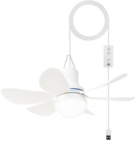 Dladeli Portable Ceiling Fan with LED Light, Mini DC 5V USB Tent Fans for RV, 16.5Inch Small USB Ceiling Fan Hanging Camping Tent Gazebo Bed Dormitory, On/Off Button Switch, Detachable Blades