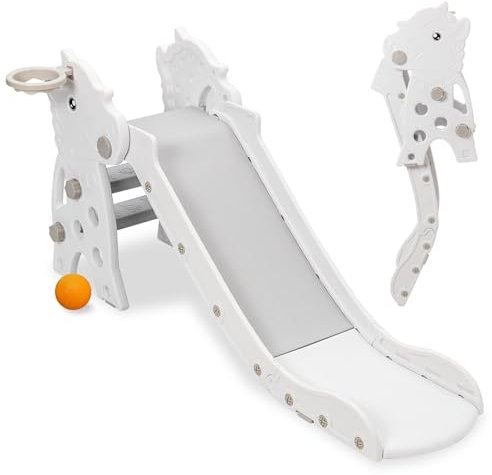 Kids Slide, Freestanding Toddlers Slide With Basketball Hoop and Ring Toss, Toddler Climber, Foldable Baby Slide Playground Equipment for Indoor and Outdoor Play