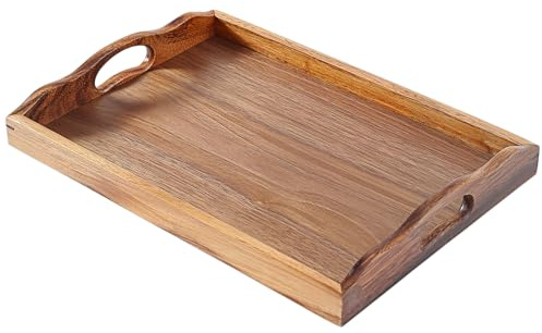 MOOKOMI Nature Walnut Wooden Serving Tray with Handles, Solid Wood Food Tray for Coffee, Breakfast, Dinner, Ottoman,16.6x11.8x2.4 inches