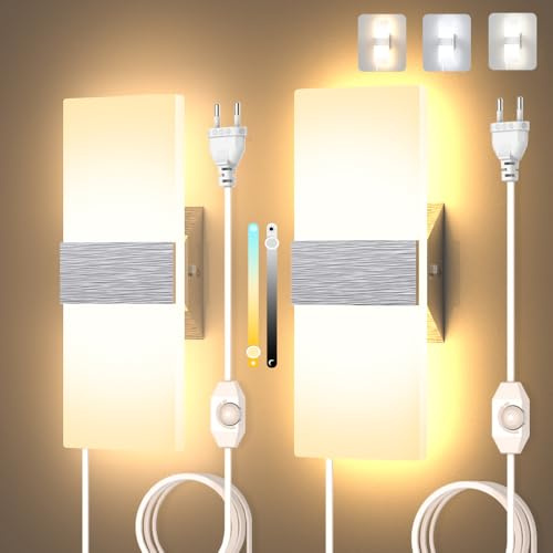 Sytmhoe 2 Pezzi Appliques Da Parete Moderna 3000K 4500K 6000K Con Interruttore Filo e Spina, 12W 960LM Camera Da Letto Acrilico Design Dimmerabile Lampade Led Da Parete, Soggiorno Argento Luci Interno