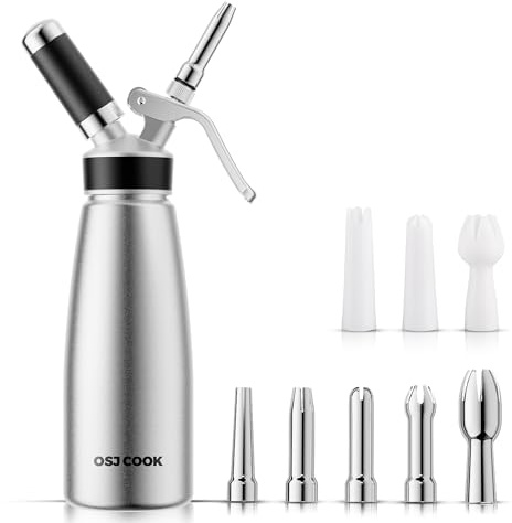 Professional Aluminum Whipped Cream Dispenser - 500 mL/1 Pint,Leak-Free Whipped Cream Maker Canister with 8 Decorating Nozzles & Cleaning Brush - N2O Chargers (Not Included) (Silver, 500ml)