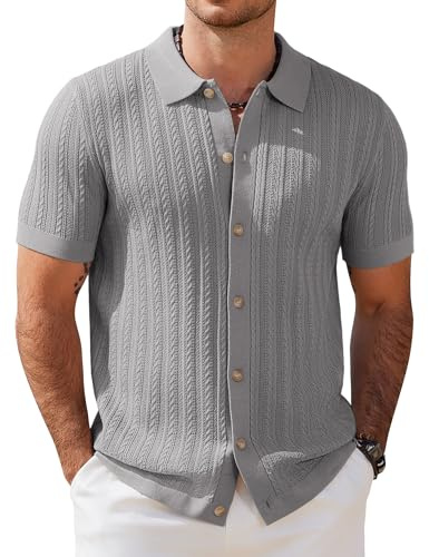 COOFANDY Herr kortärmad stickad pikétröja stretch kabel stickad full knapp golfskjorta polo t-shirt
