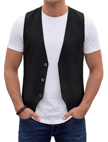 HISDERN Men's Waistcoats Casual Linen Waistcoat Solid Summer Suit Vest with Pockets for Wedding Party Business Prom
