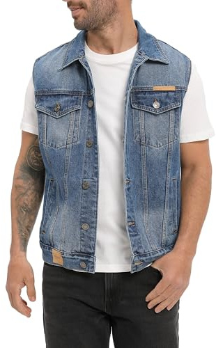 CoXuantion Gilet Jeans per Uomo Multi Tasca Denim Gilets Vintage Cotone Gilet da Moto Senza Maniche Jeans Capispalla Casual Cowboy Giacca S,Blu