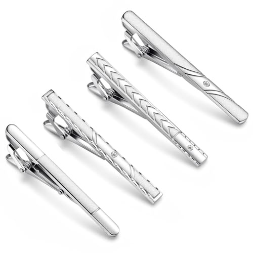 4Pcs Tie Clip for Men Silver Tie Pin Classic Business Ties Bars | Clasps for Men for Suit Accessories Formal Business Events Wedding Anniversary Fathers Day Gift Professional Office Wear