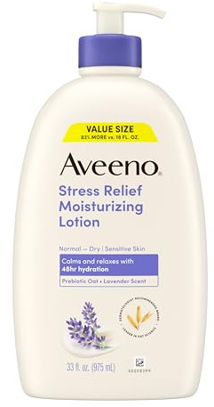 Aveeno Stress Relief Moisturizing Body Lotion with Prebiotic Oat & Lavender Scent for Sensitive Skin, Calms & Relaxes with 48 Hour Hydration, Fast Absorbing & Non-Greasy, 33 fl. oz