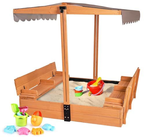 Aivituvin Kids Sand Boxes with Canopy Sandboxes with Covers Foldable Bench Seats, Children Outdoor Wooden Playset - Upgrade Retractable Roof (Wood, L-GUT05)