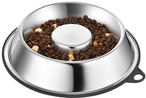 PEGGY11 Stainless Steel Slow Feeder Dog Bowls, Food Grade, BPA Free, Dishwasher Safe, Nonslip Rubber Bottom, Non Tip Base, Metal Slow Feed Bowls for Fast Easter, 1500ml
