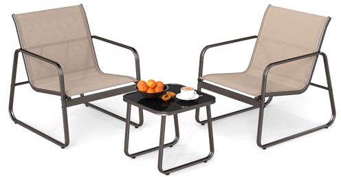 COSTWAY 3-Piece Patio Bistro Set, Garden Furniture Set with Tempered Glass Table and Chairs, Metal Frame Outdoor Conversation Table Chairs Set for Balcony, Lawn and Poolside(Brown, 77 x 61 x 75cm)