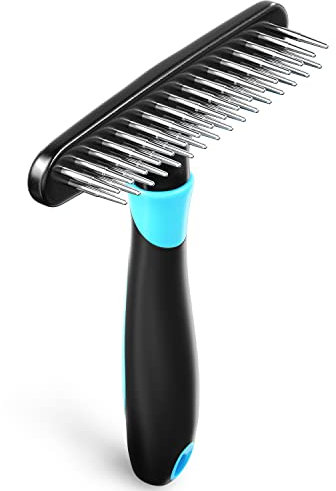 Dog rake deshedding dematting Brush Comb - Undercoat rake for Dogs, Cats, matted, Short,Long Hair Coats - Brush for Shedding, Double Row Stainless Steel pins - Reduce Shedding by 90% (Blue)