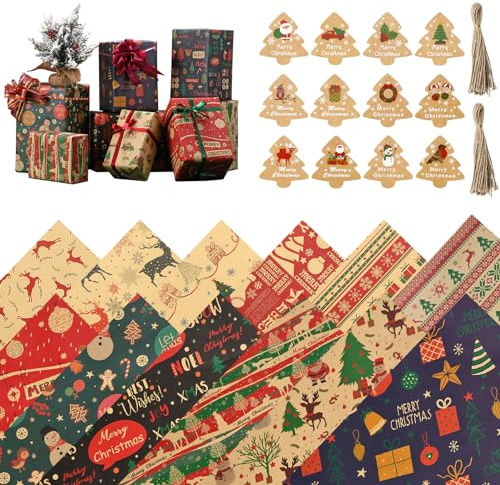 Carta da Regalo Natalizia Set, tra cui 12 Fogli Kraft Carta Natale Vintage 50 x 70 cm, 12 Etichetta Regalo e 2x10m Spago, Carte Regali Natale Riciclata, per Confezione regalo di Natale
