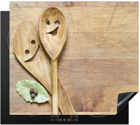KitchenYeah© Cubre Vitrocerámica - Protector Vitroceramica Induccion 59x52 cm - Tapa Vitroceramica - Protector de Vitroceramica Madera - Cucharas - Marrón - Smiley