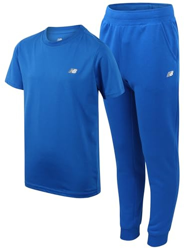 New Balance Boys Sweatpants Set - 2 Piece Short Sleeve Graphic Tee Shirt and Fleece Jogger Pants Athletic Pant Set, Size 10-12, Blue Oasis