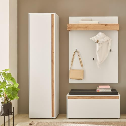 Lomadox Flur Garderoben Set in weiß mit Eiche, 3-teilig, Garderobenpaneel, Schuhbank, Garderobenschrank, modern