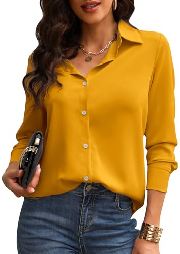 TOMEEK Camicetta da Donna Camicia con Scollo a V Camicie Eleganti a Maniche Lunghe Top Tinta Unita Camicia a Tunica Casual Top da Lavoro con Bottoni(Giallo,L)