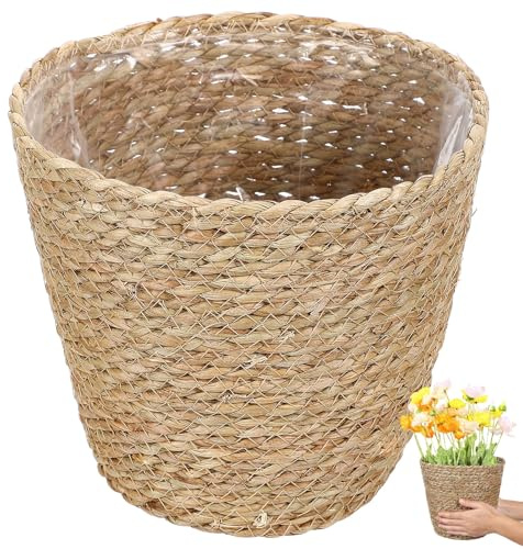 ibasenice Cesta De Flores Tejida a Mano Maceta De Interior De Paja con Forro Macetero Decorativo Versátil para Plantas Y Almacenaje 8.66X8.66X8.26In