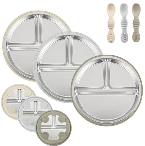 PandaEar Set Da 3 Piatti Per Bambini In Acciaio Inox Con Ventosa E 3 Cucchiai BLW, Set Pappa Per Neonati E Bambini, Piatti Divisi Senza BPA