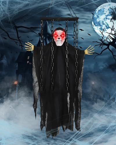 Rantizon Scheletro urlante con sensore di movimento spaventoso di Halloween, decorazione animata da appendere a forma di fantasma con occhi spaventosi e luminosi per decorazione esterna, interni