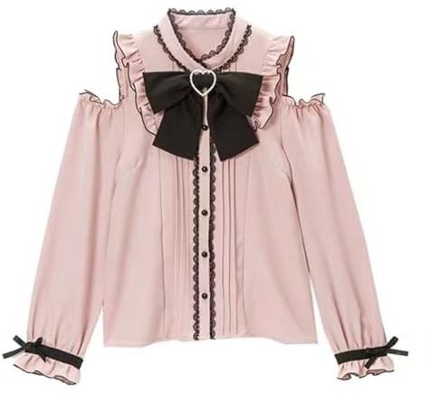 Jirai Kei Lolita Fashion Cutecore Clothes Kawaii Clothing Blouse Goth Shirt Women Lace Mesh Sheer Long Sleeve Blouse (Pink,3XL)