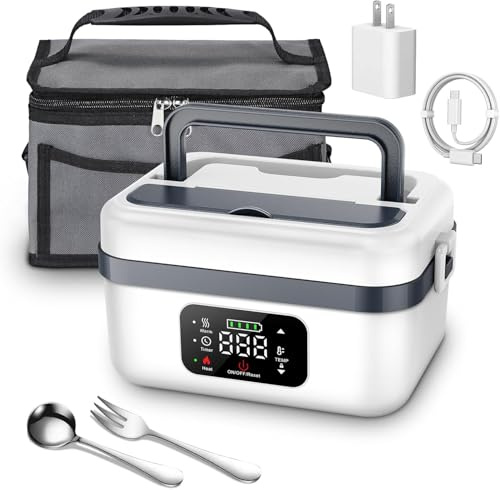 Cuenco calefactor, almuerzo con calefacción programable, batería recargable de 4 x 4000 mAh, temporizador, caja calefactora para comidas separadoras extraíbles, para viajes y oficina, color blanco