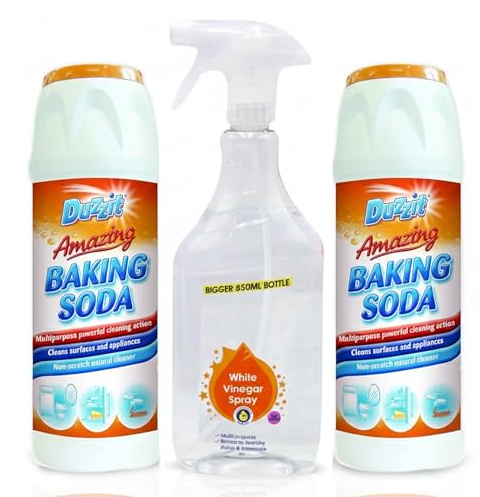 Baking Soda & White Vinegar Bundle – 2 × 500g Bicarbonate of Soda & 850ml Vinegar Multi-Purpose Cleaner – Household Cleaning, Laundry Freshener, Limescale Helper & Deodoriser