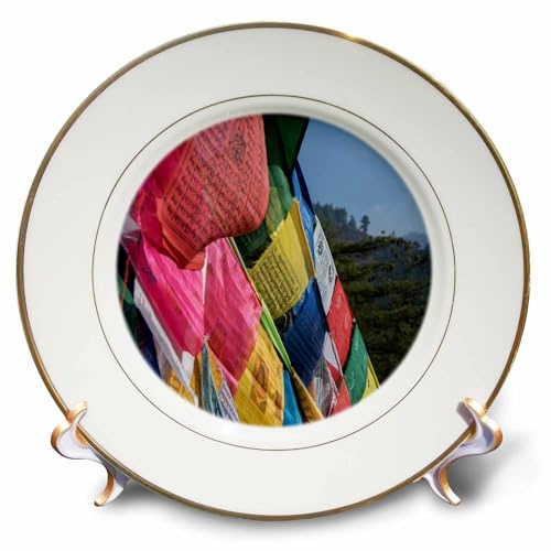 3dRose 8 inch Porcelain Plate - Bhutan, Paro. Colorful prayer flags in front of Tigers Nest temple. Temples