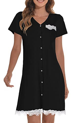 RITOSTA Camicia da Notte Donna Estiva Vestaglia Maniche Corte Vestito da Notte con Tasche Bottoni Pizzo Pigiama Caldo Morbido per Casa Premaman Allattamento(A,S)