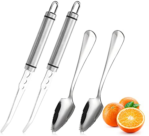 Klyuqoz Grapefruit Knife - Curved Serrated Stainless Steel, Pack of 2 with 2 Pcs Spoons, for Grapefruit & Oranges