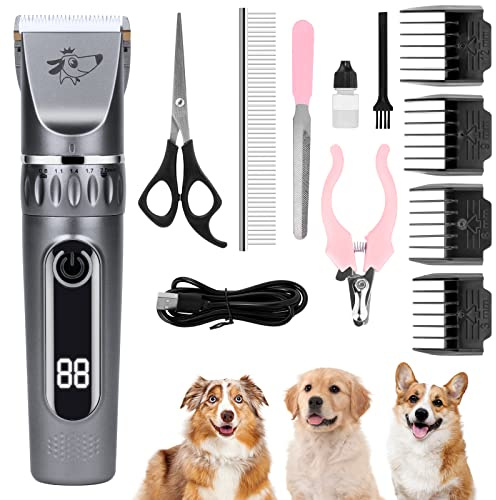 vsshe Cortapelos para Mascotas Maquinilla Perros, Profesional Eléctrica Recargable Esquiladora Perros, 13 Equipos Cortapelos Perros Gatos 2 Velocidades Ajustables, Mascota Máquina de Aseo, plata