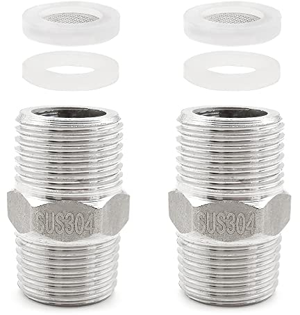 GOIYZTTR 2 Stücke Edelstahl Doppelnippel Verbinder Doppelgewindeanschluss Gewindefitting Adapter mit 2 x Dichtungen und 2*Spüle Belüfter Filter Element