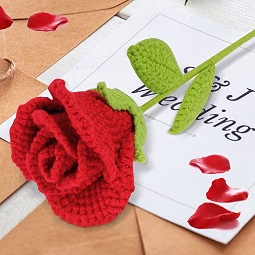 Artificial Knitted Wool Flowers Crochet Rose Floral Handmade Flower Flocked Fake Plants Wedding Bouquet Bridle Indoor Outdoor Home Kitchen Office Table Christmas Decor (Red)